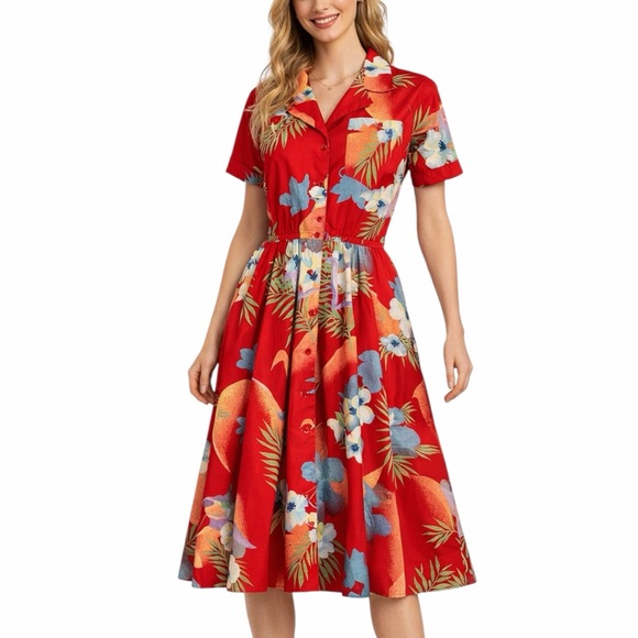 Vintage Act I New York 70s Red Tropical Floral Midi Dress With Pockets Size 6/8